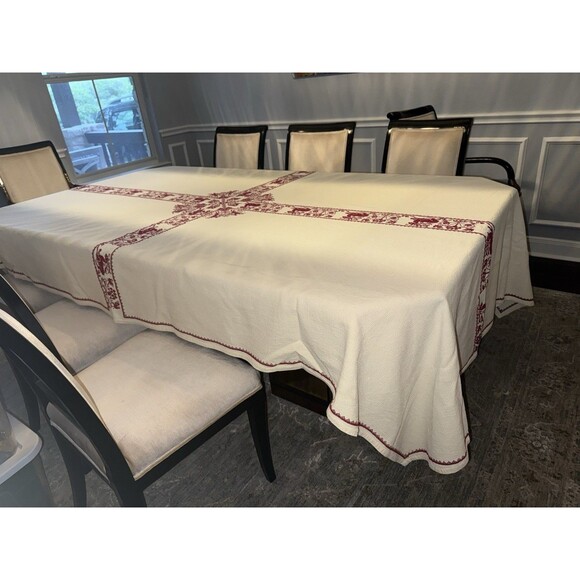 Vintage Christmas Tablecloth Nordic Red Cross Stitch 116x65” Cream Holiday Folk - Picture 5 of 16